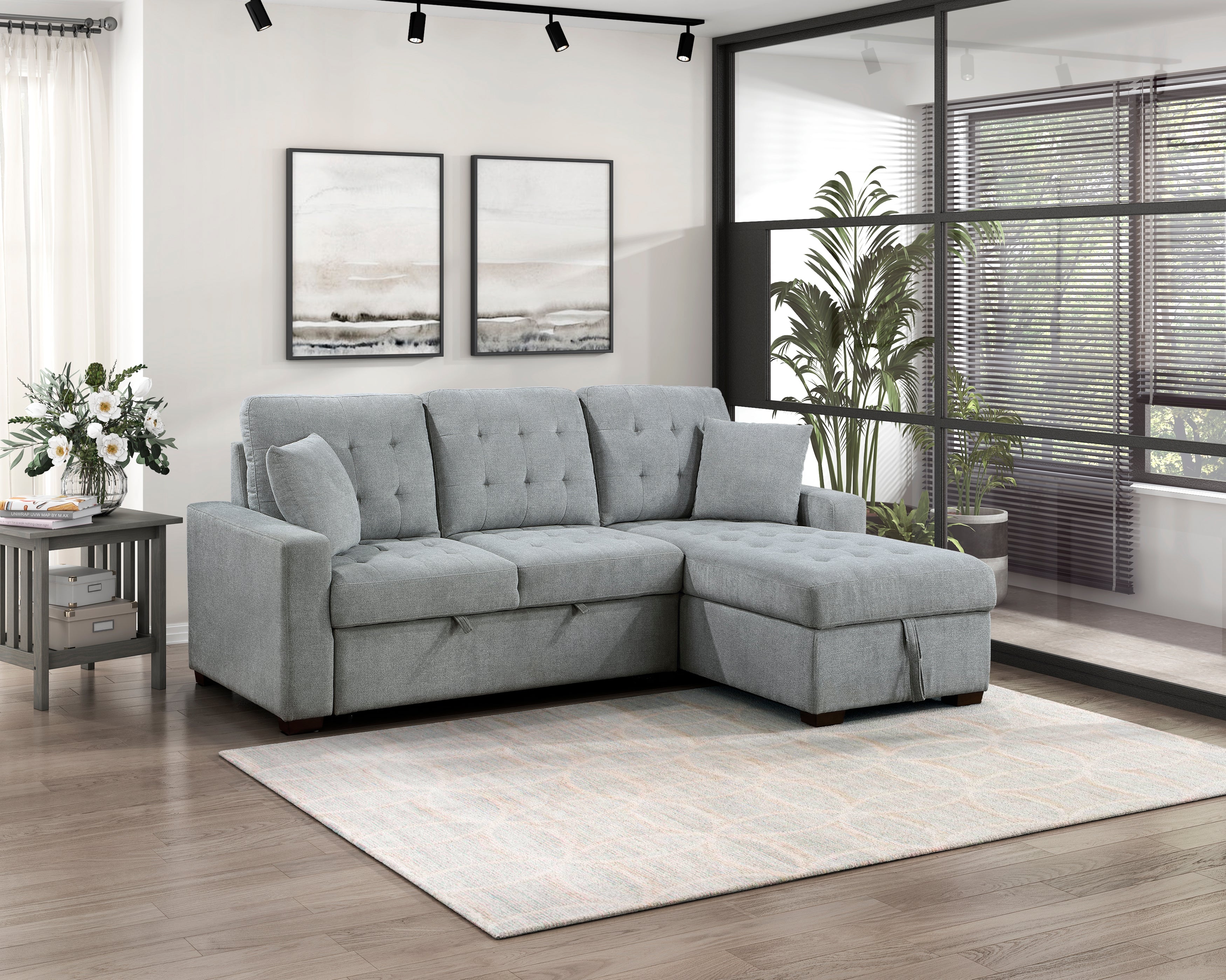 9816GY*SC (2)2-Piece Sectional with Pull-out Bed and Right Chaise with Hidden Storage - 9816GY*SC - Bien Home Furniture &amp; Electronics