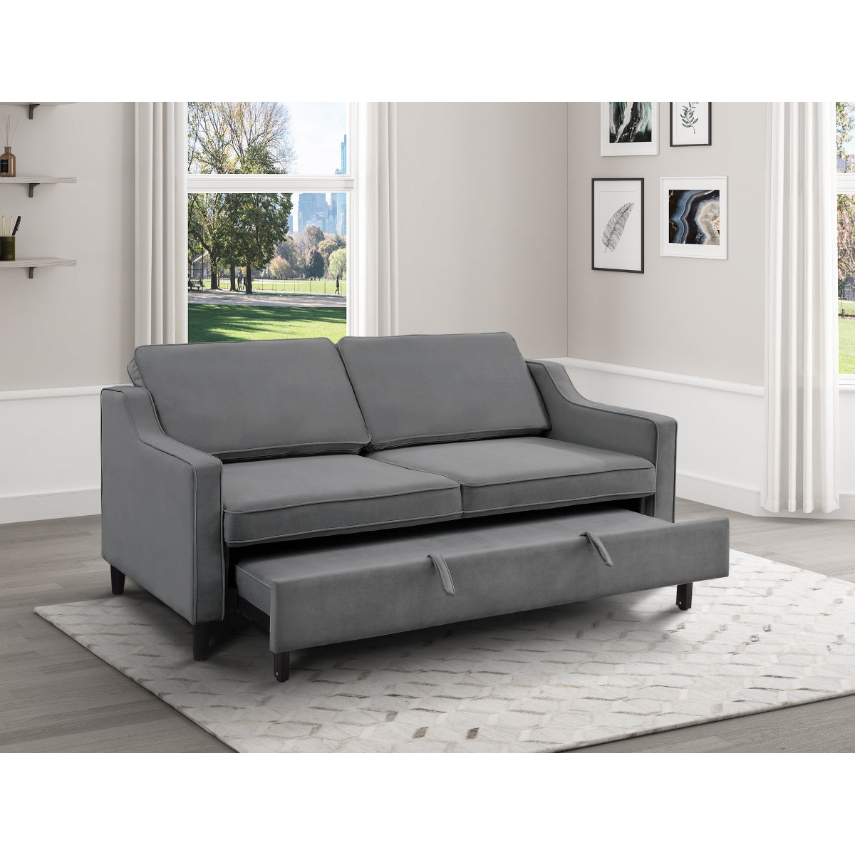 Adelia Dark Gray Velvet Convertible Studio Sofa with Pull-out Bed - 9428DG-3CL - Bien Home Furniture &amp; Electronics