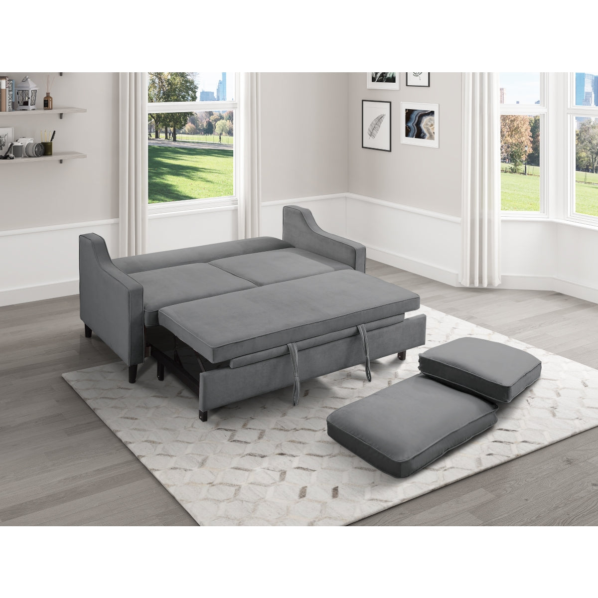 Adelia Dark Gray Velvet Convertible Studio Sofa with Pull-out Bed - 9428DG-3CL - Bien Home Furniture &amp; Electronics