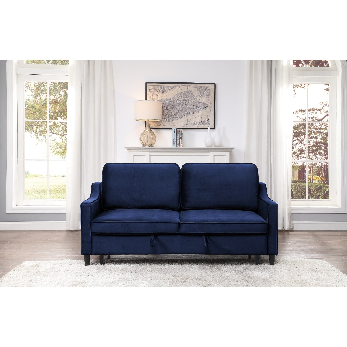 Adelia Navy  Velvet Convertible Studio Sofa with Pull-out Bed - 9428NV-3CL - Bien Home Furniture &amp; Electronics