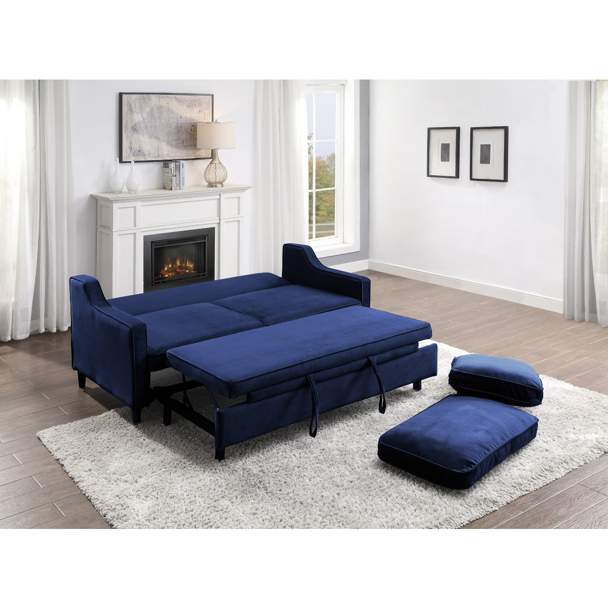 Adelia Navy  Velvet Convertible Studio Sofa with Pull-out Bed - 9428NV-3CL - Bien Home Furniture &amp; Electronics