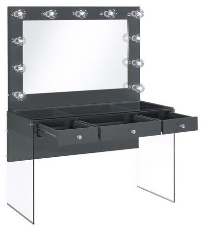 Afshan 3-Drawer Vanity Desk with Lighting Mirror Gray High Gloss - 935923 - Bien Home Furniture &amp; Electronics