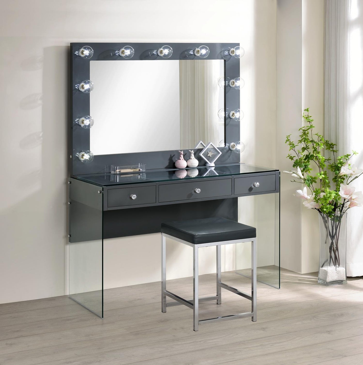 Afshan 3-Drawer Vanity Desk with Lighting Mirror Gray High Gloss - 935923 - Bien Home Furniture &amp; Electronics