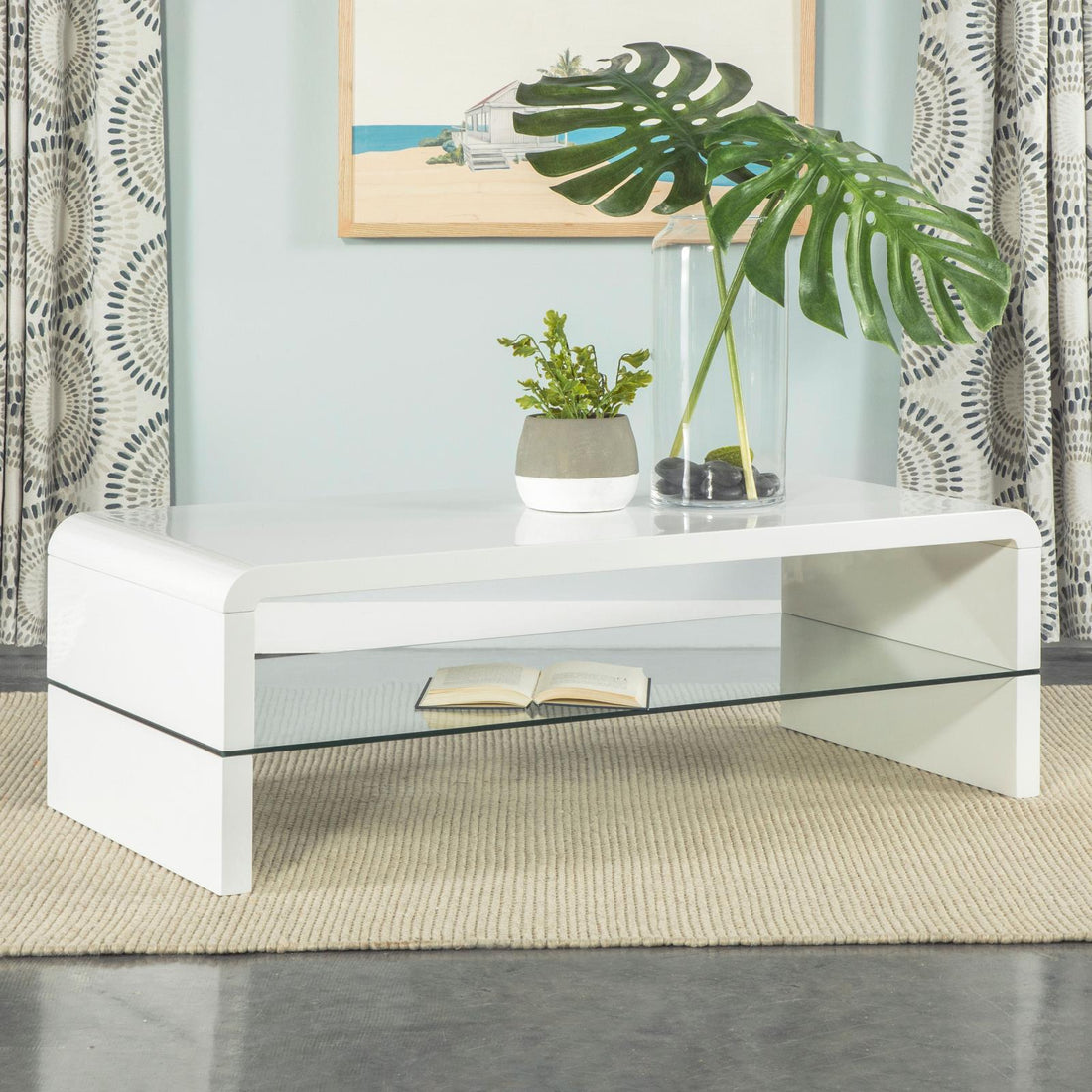 Airell White High Gloss Rectangular Coffee Table with Glass Shelf - 703798 - Bien Home Furniture &amp; Electronics