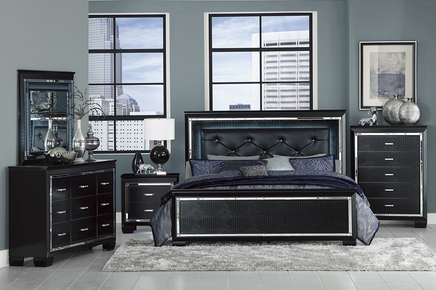 Allura Black Full LED Upholstered Panel Bed - SET | 1916FBK-1 | 1916FBK-2 | 1916FBK-3 - Bien Home Furniture &amp; Electronics