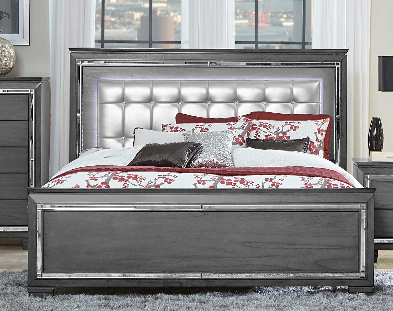 Allura Gray King LED Upholstered Panel Bed - SET | 1916KGY-1 | 1916KGY-2 | 1916KGY-3EK - Bien Home Furniture &amp; Electronics