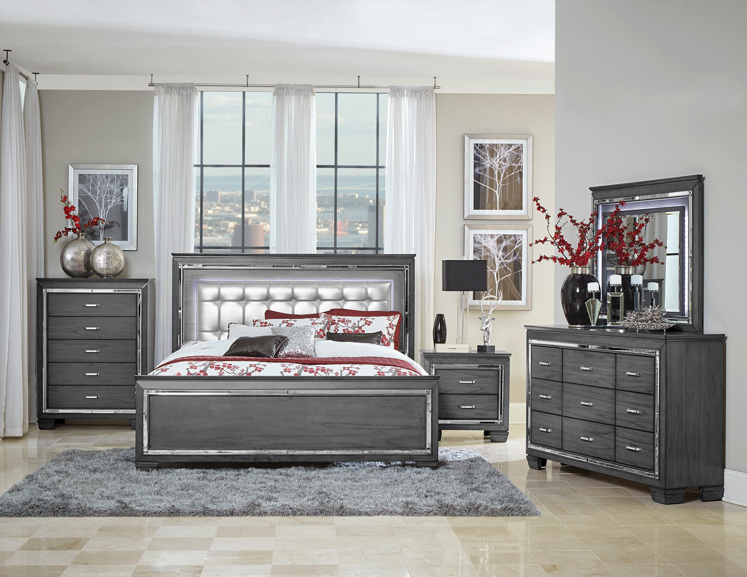 Allura Gray LED Upholstered Panel Bedroom Set - SET | 1916GY-1 | 1916GY-2 | 1916GY-3 | 1916GY-5 | 1916GY-6 | 1916GY-4 - Bien Home Furniture &amp; Electronics
