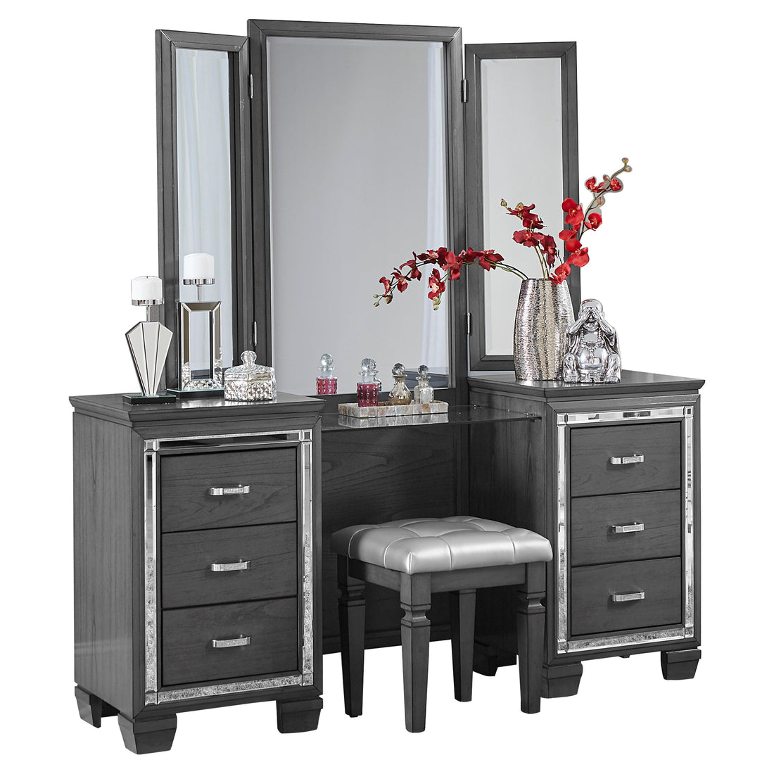 Allura Gray Vanity Dresser with Mirror - SET | 1916GY-15R | 1916GY-15L | 1916GY-15M - Bien Home Furniture &amp; Electronics