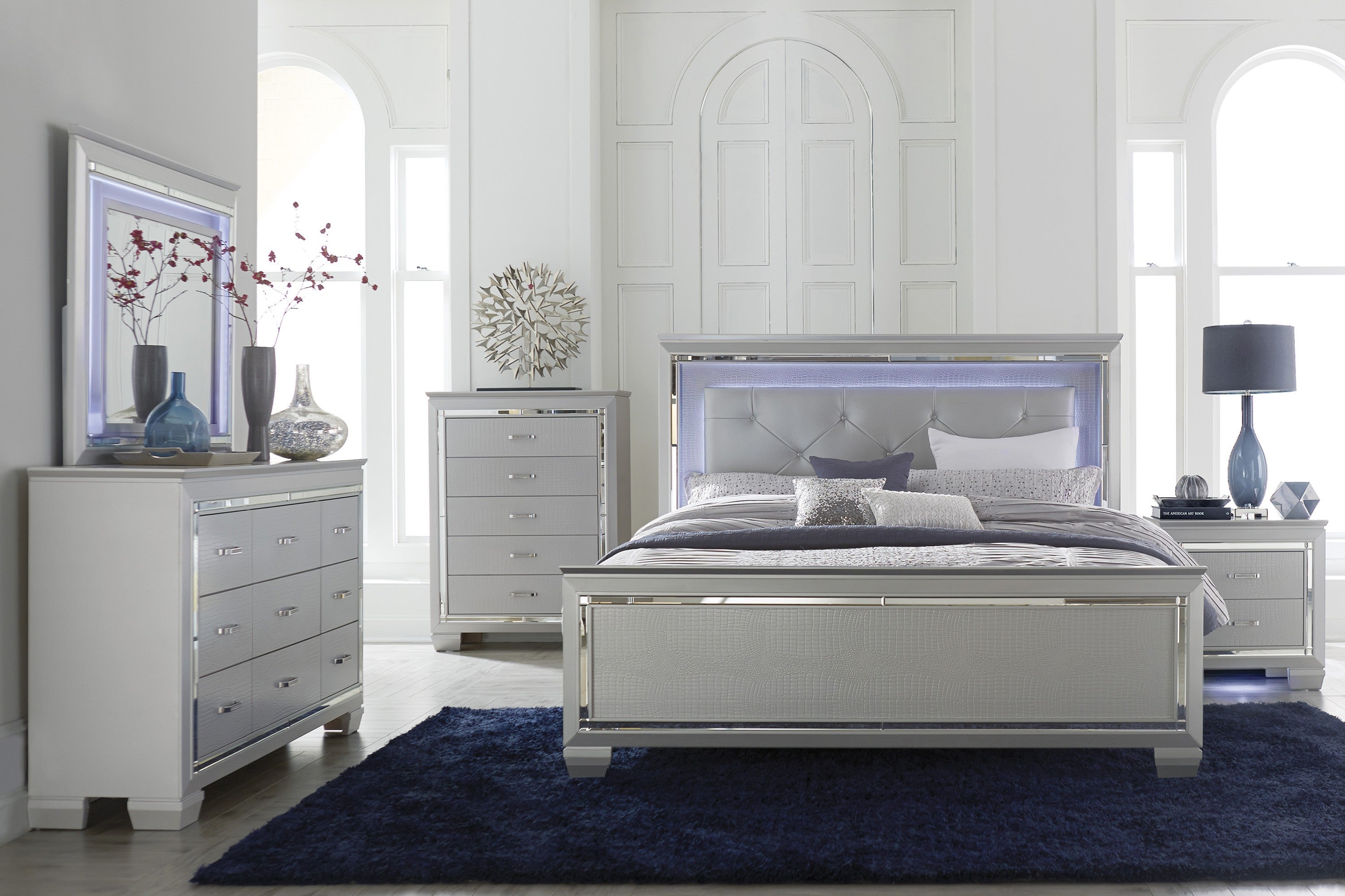 Allura Silver King LED Upholstered Panel Bed - SET | 1916K-1 | 1916K-2 | 1916K-3EK - Bien Home Furniture &amp; Electronics