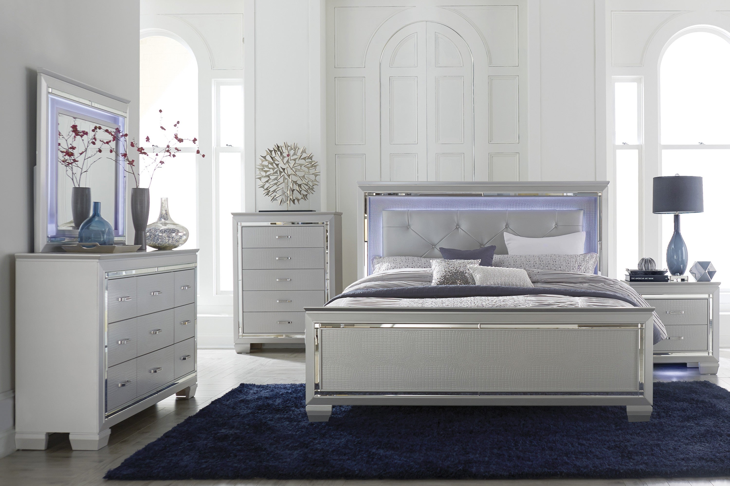 Allura Silver Queen LED Upholstered Panel Bed - SET | 1916-1 | 1916-2 | 1916-3 - Bien Home Furniture &amp; Electronics