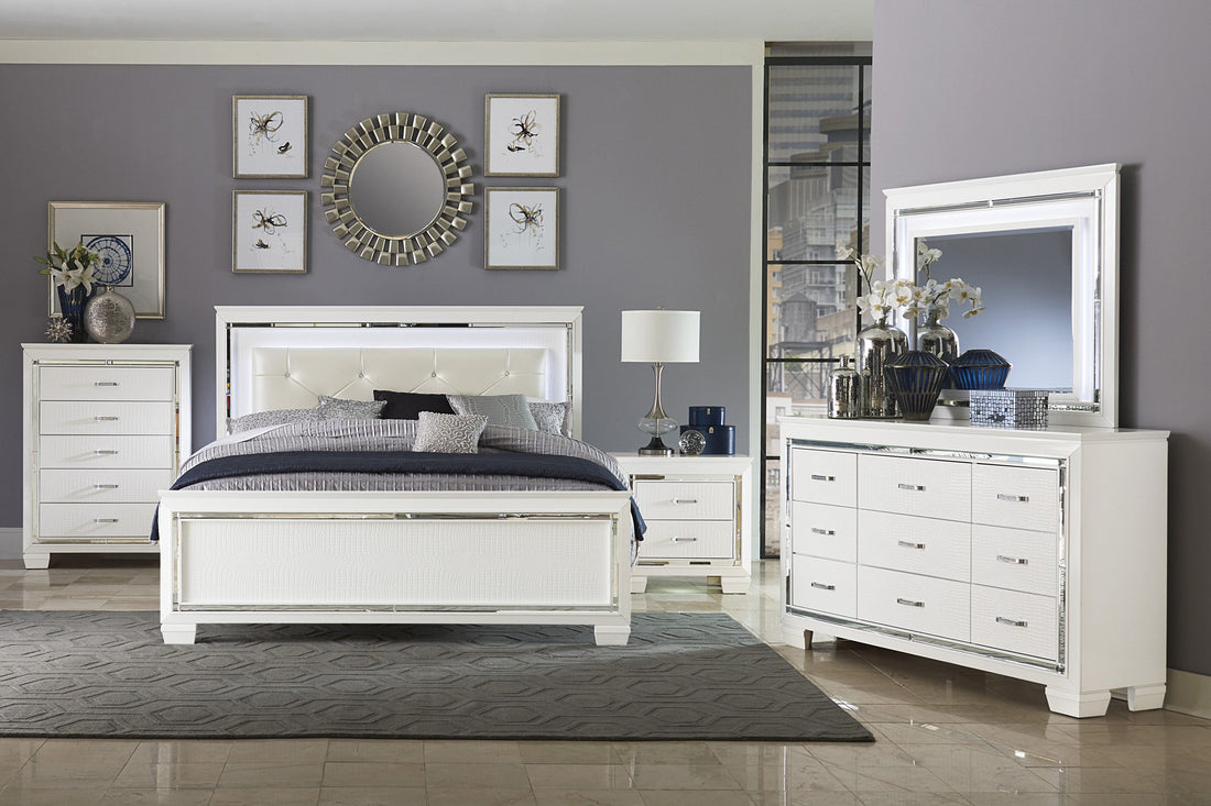Allura White LED Upholstered Panel Bedroom Set - SET | 1916KW-1 | 1916KW-2 | 1916KW-3EK | 1916W-5 | 1916W-4 - Bien Home Furniture &amp; Electronics