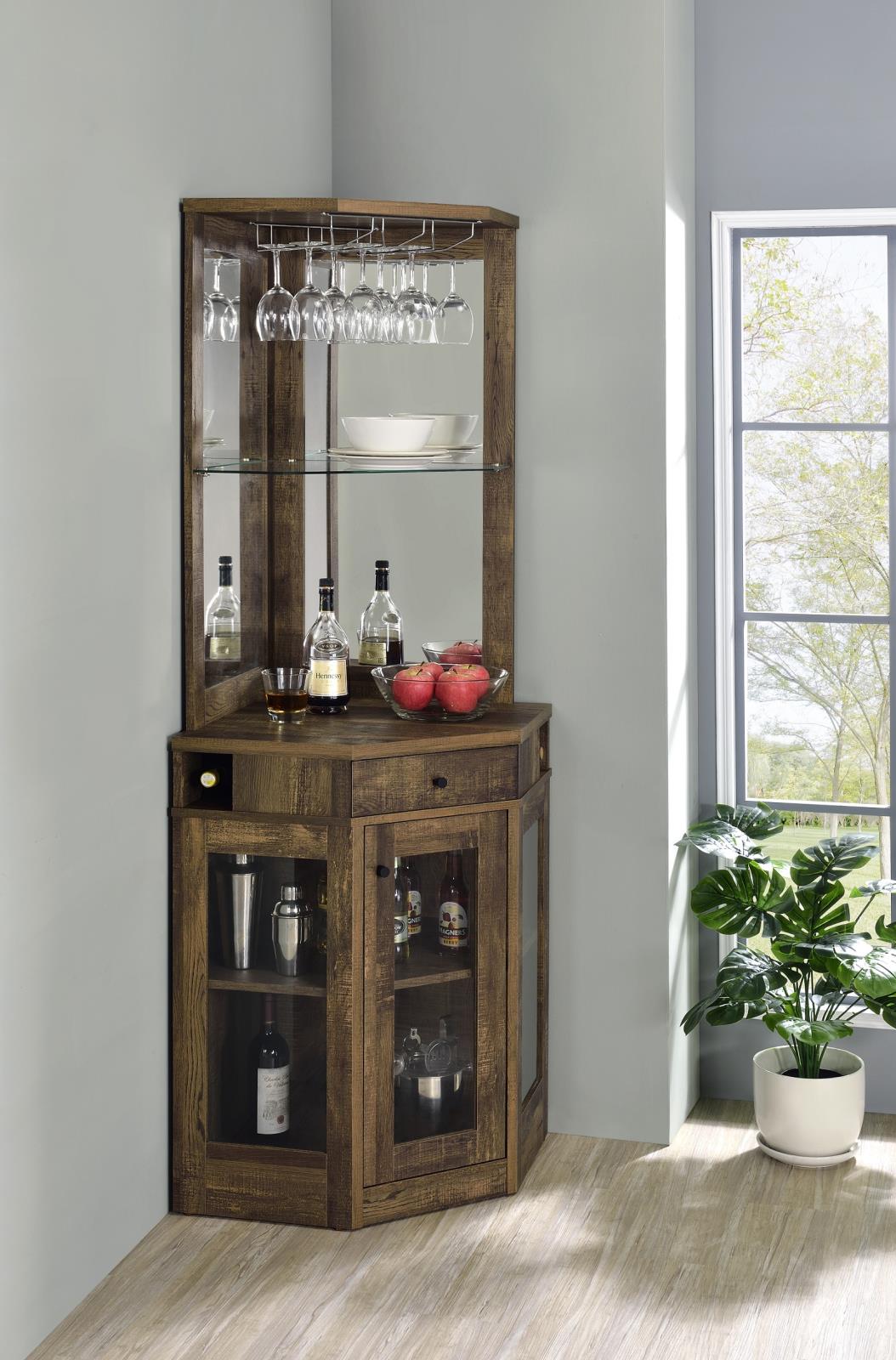 Alviso Rustic Oak Corner Bar Cabinet with Stemware Rack - 182303 - Bien Home Furniture &amp; Electronics