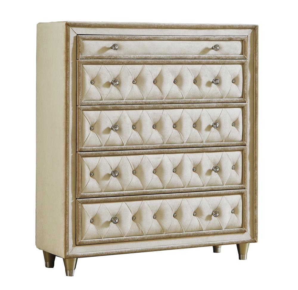 Antonella 5-Drawer Upholstered Chest Ivory/Camel - 223525 - Bien Home Furniture &amp; Electronics
