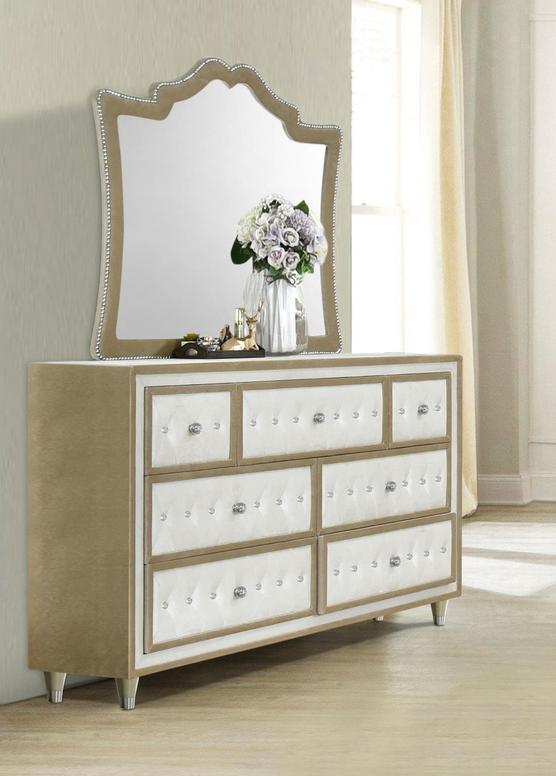 Antonella 7-drawer Upholstered Dresser with Mirror Ivory and Camel - 223523M - Bien Home Furniture &amp; Electronics