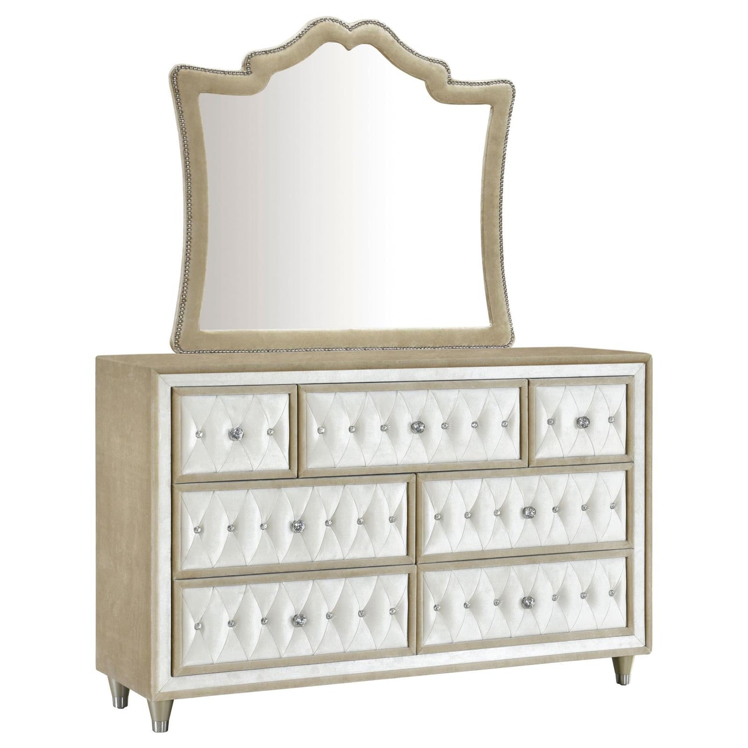 Antonella 7-drawer Upholstered Dresser with Mirror Ivory and Camel - 223523M - Bien Home Furniture &amp; Electronics
