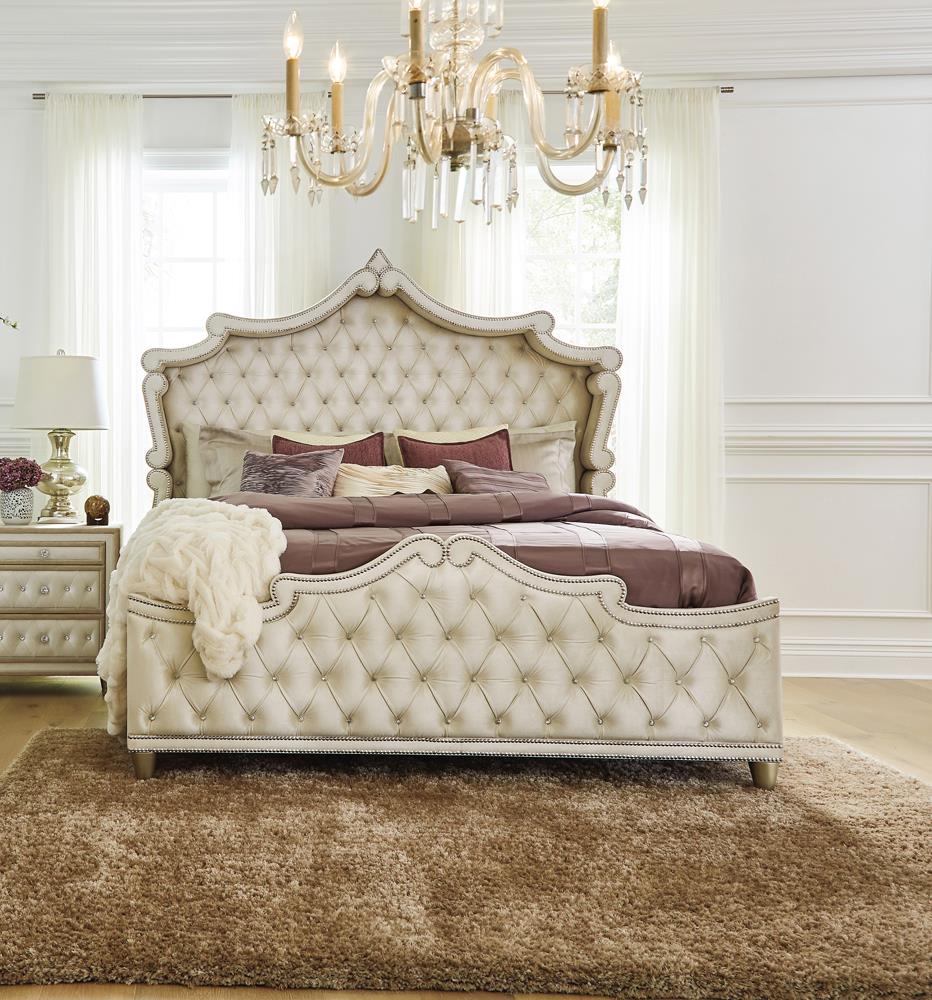 Antonella Upholstered Tufted Eastern King Bed Ivory/Camel - 223521KE - Bien Home Furniture &amp; Electronics