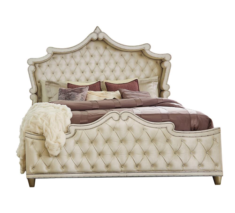 Antonella Upholstered Tufted Eastern King Bed Ivory/Camel - 223521KE - Bien Home Furniture &amp; Electronics