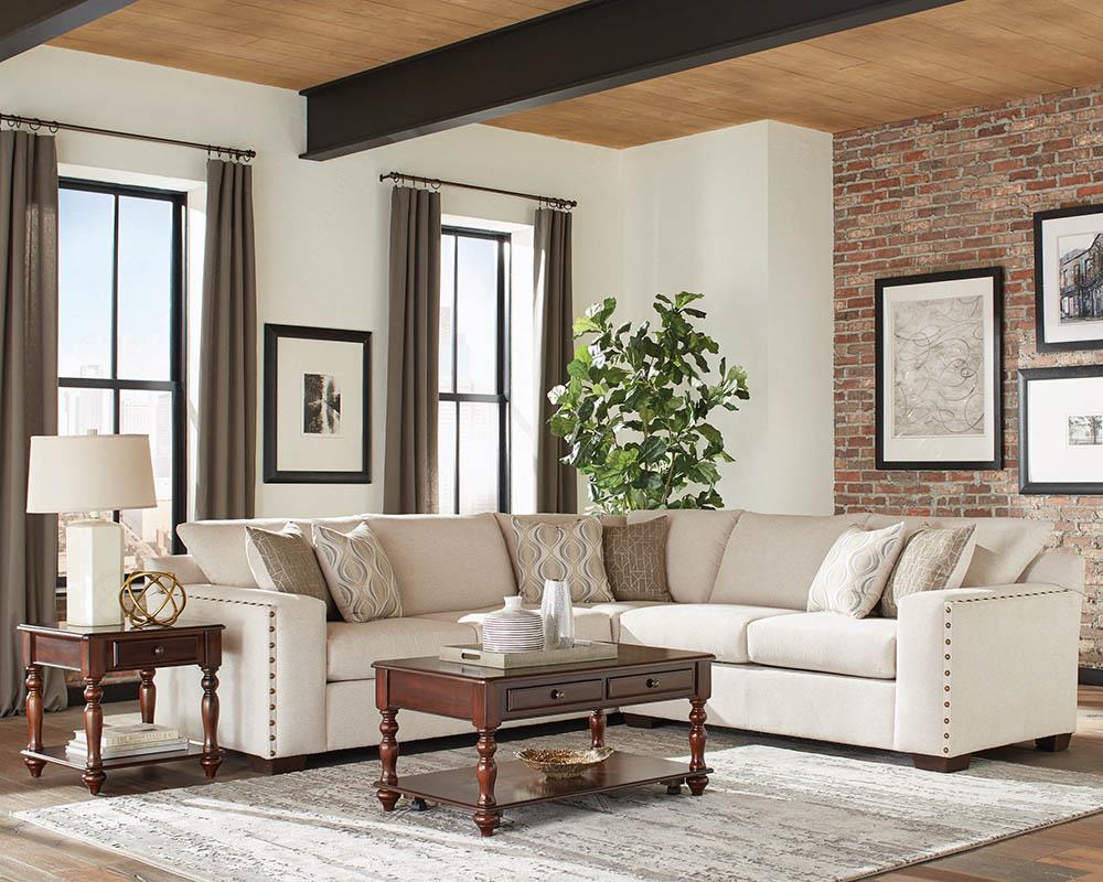 Aria L-Shaped Sectional with Nailhead Oatmeal - 508610 - Bien Home Furniture &amp; Electronics