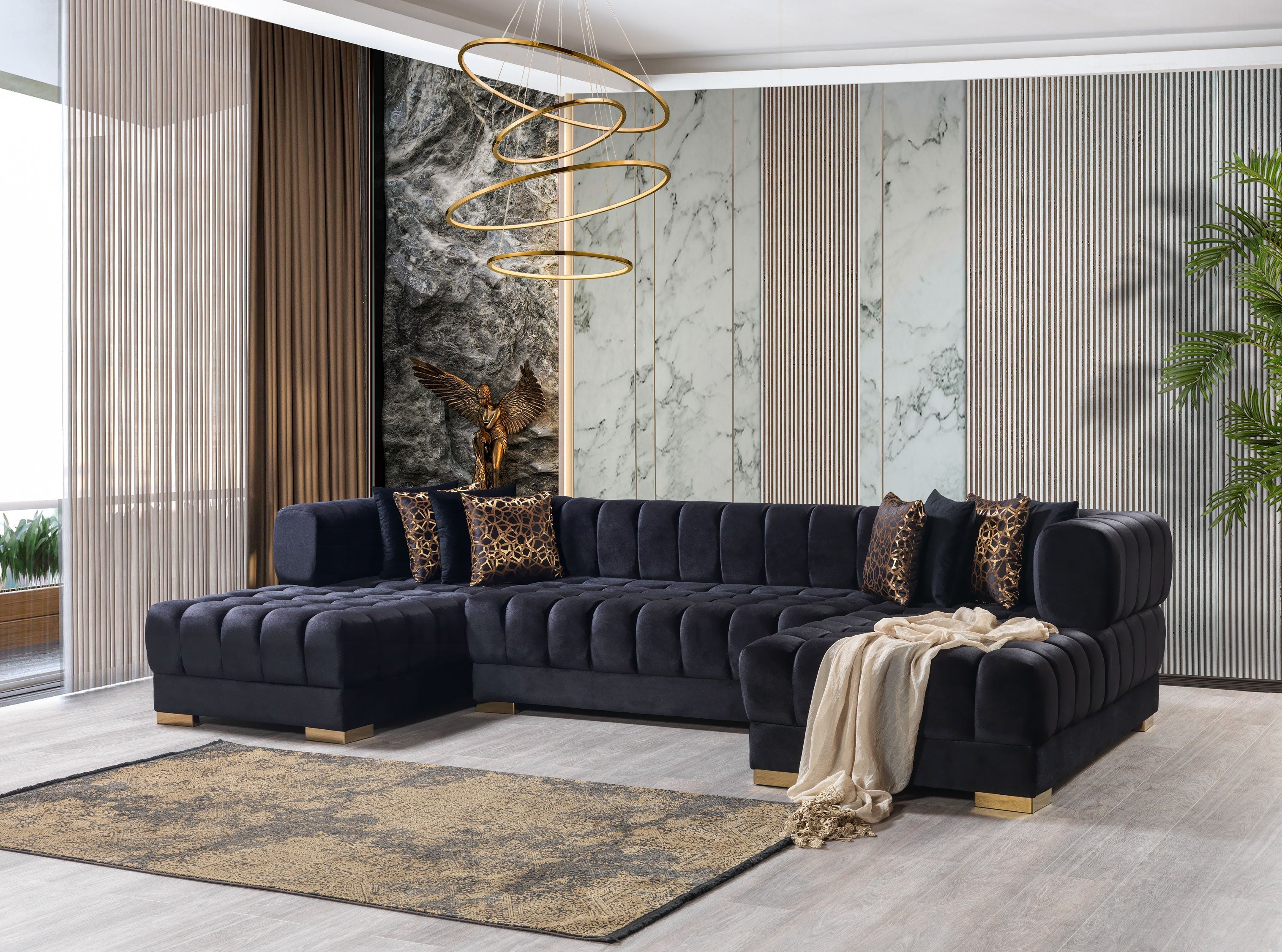 Ariana Black Velvet Double Chaise Sectional - ARIANABLACK-SEC - Bien Home Furniture &amp; Electronics