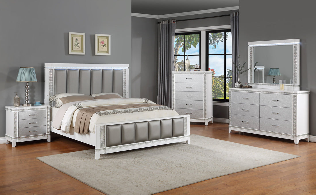 Ariane White/Silver Upholstered Panel Bedroom Set - SET | B1690-Q-HB | B1690-Q-FB | B1690-KQ-RAIL | B1690-2 | B1690-4 - Bien Home Furniture &amp; Electronics