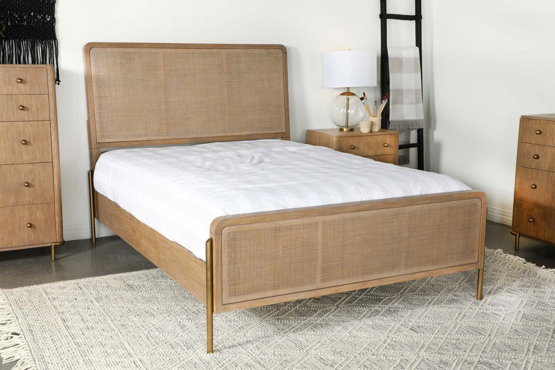 Arini Upholstered Eastern King Panel Bed Sand Wash/Natural Cane - 224300KE - Bien Home Furniture &amp; Electronics