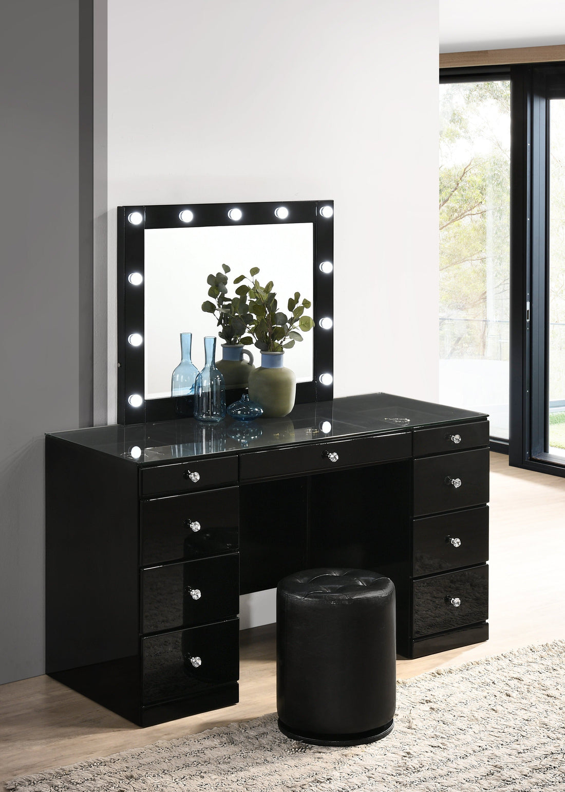 Avery Black Makeup Vanity Set with Lighted Mirror - SET | B4850BK-91-TOP | B4850BK-91-BASE | B4850BK-91-11 - Bien Home Furniture &amp; Electronics