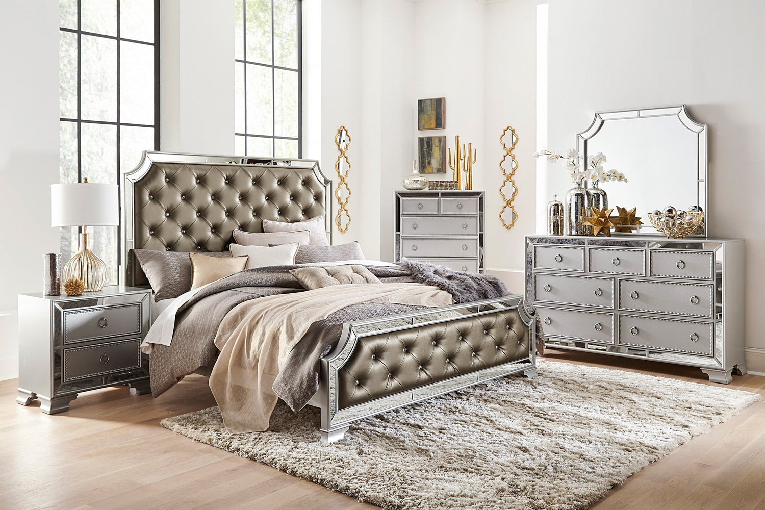 Avondale Silver Mirrored Upholstered Panel Bedroom Set - SET | 1646-1 | 1646-2 | 1646-3 | 1646-4 | 1646-9 - Bien Home Furniture &amp; Electronics