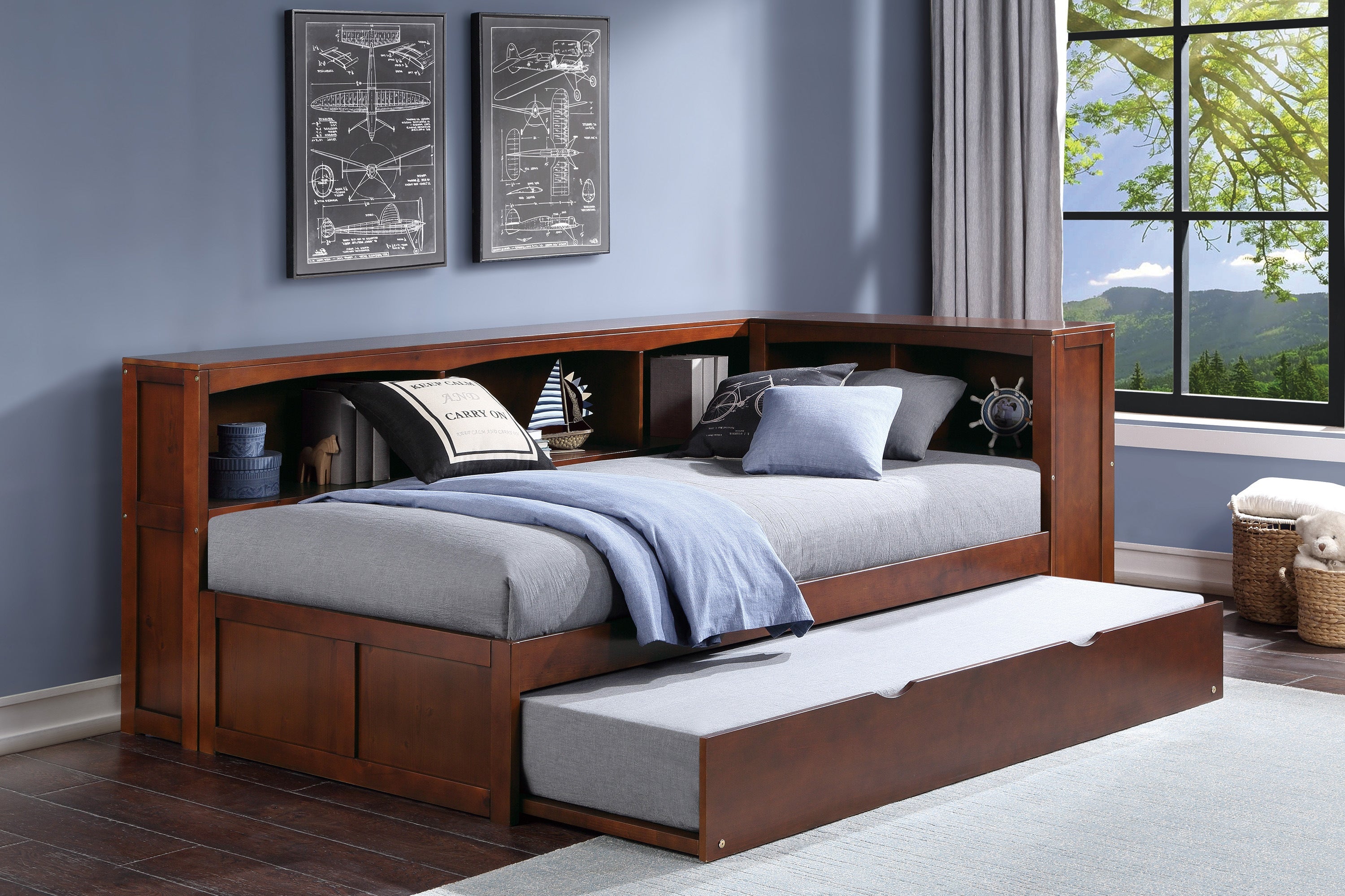 B2013BCDC-1BCR* (4) Twin Bookcase Corner Bed with Twin Trundle - B2013BCDC-1BCR* - Bien Home Furniture &amp; Electronics