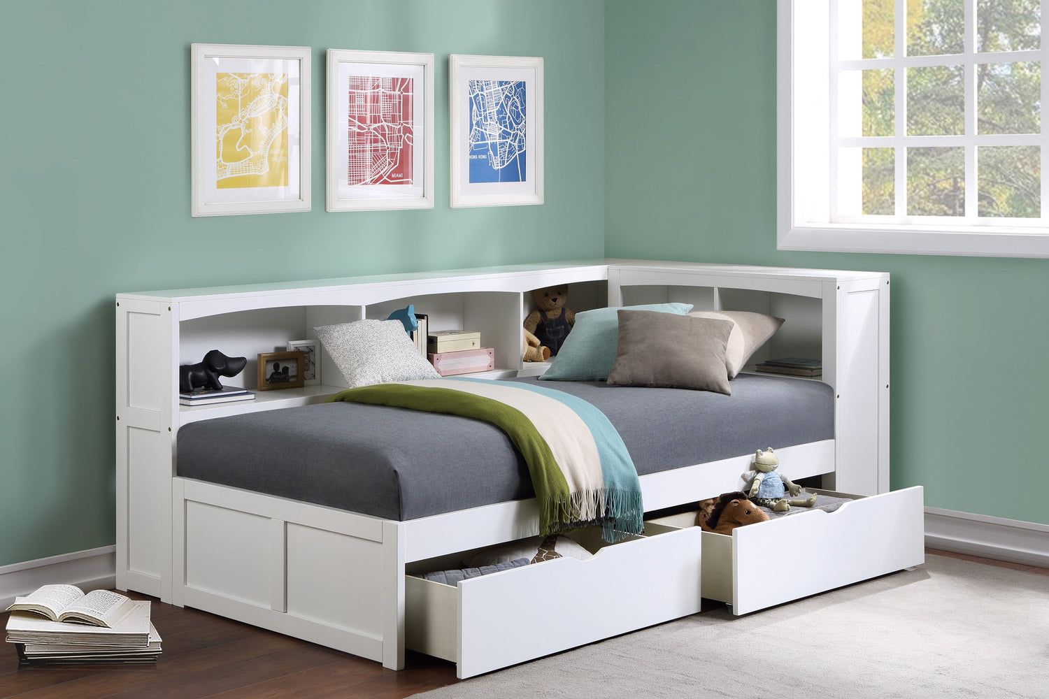 B2053BCW-1BCT* (4) Twin Bookcase Corner Bed with Storage Boxes - B2053BCW-1BCT* - Bien Home Furniture &amp; Electronics