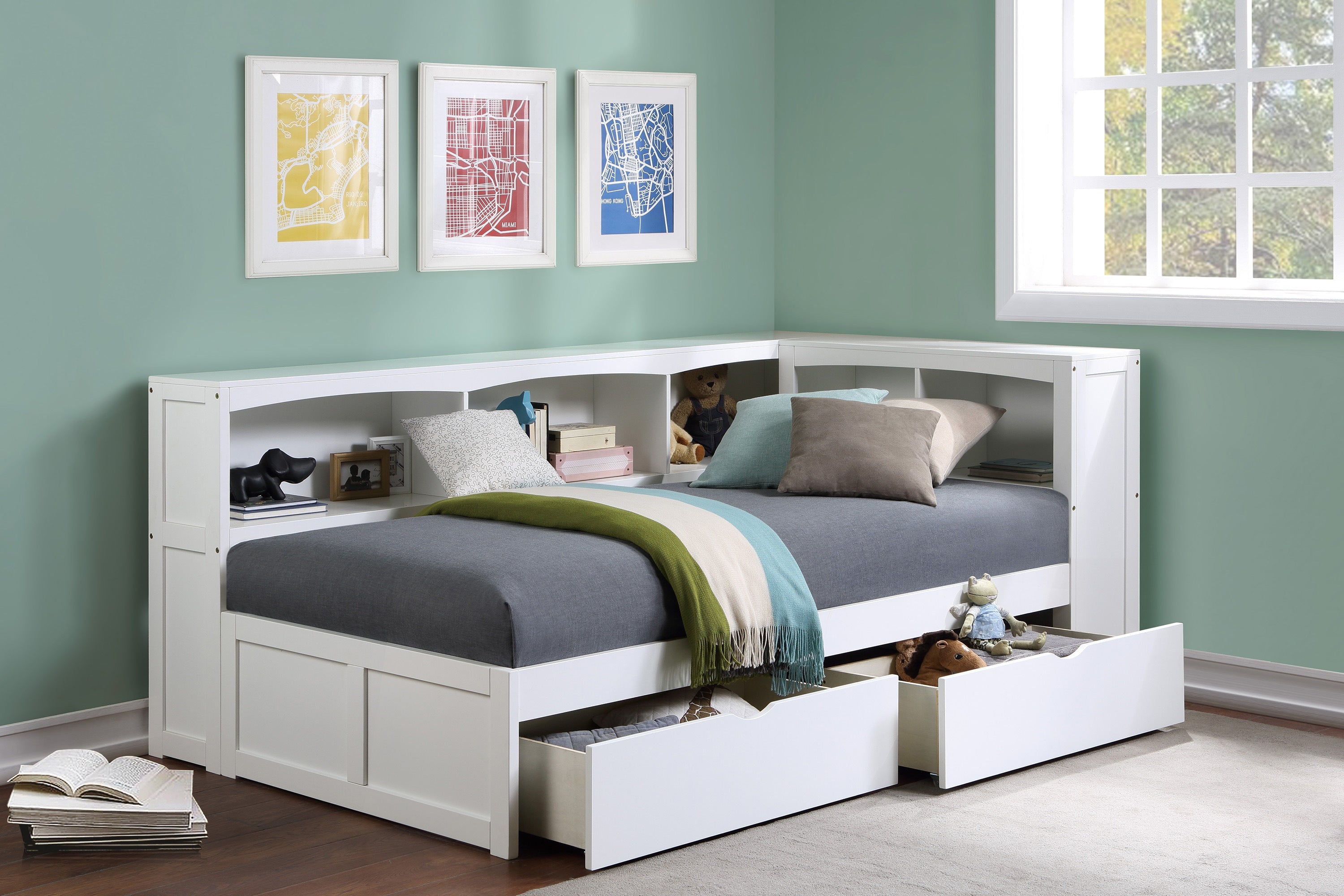 B2053BCW-1BCT* (4) Twin Bookcase Corner Bed with Storage Boxes - B2053BCW-1BCT* - Bien Home Furniture &amp; Electronics