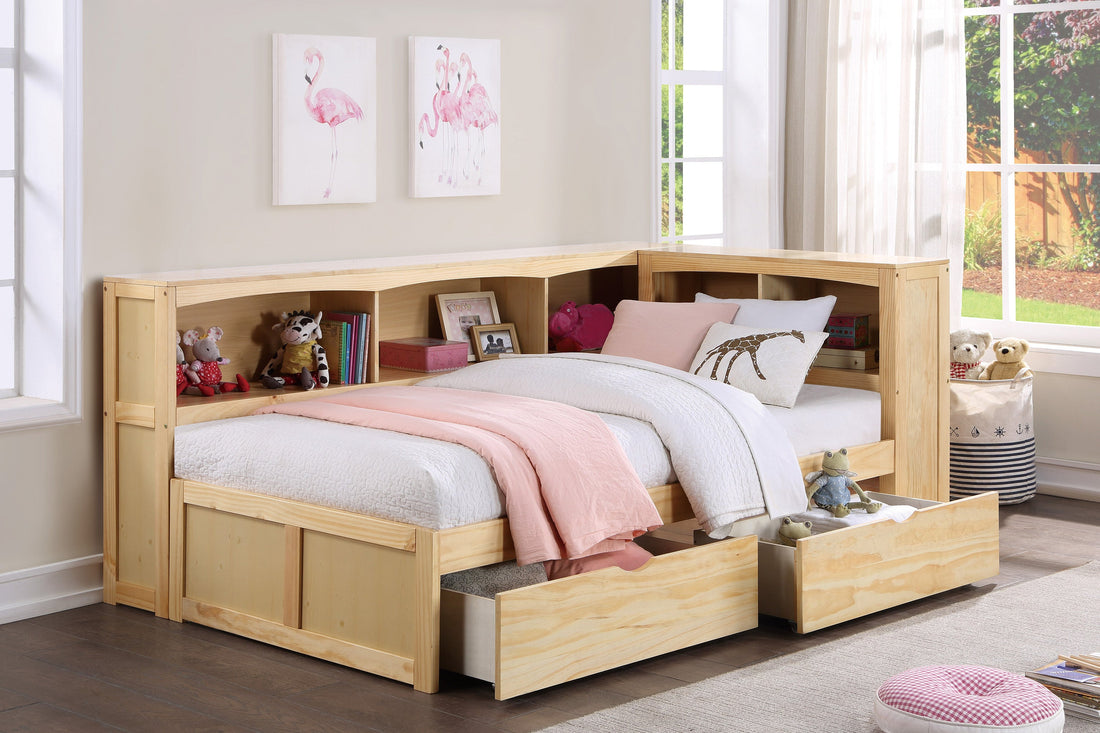 Bartly Pine Twin Bookcase Corner Bed with Storage Boxes - SET | B2043BC-1 | B2043BC-2 | B2043BC-BC | B2043-T - Bien Home Furniture &amp; Electronics