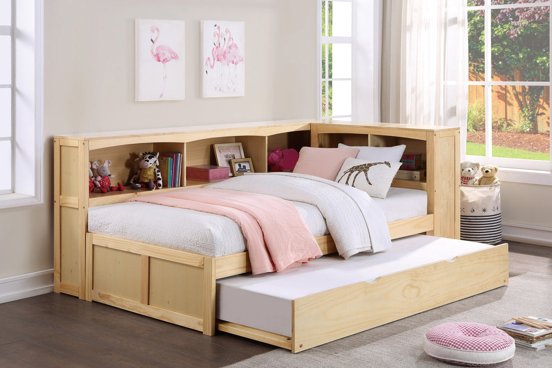 Bartly Pine Twin Bookcase Corner Bed with Twin Trundle - SET | B2043BC-1 | B2043BC-2 | B2043BC-BC | B2043-R - Bien Home Furniture &amp; Electronics
