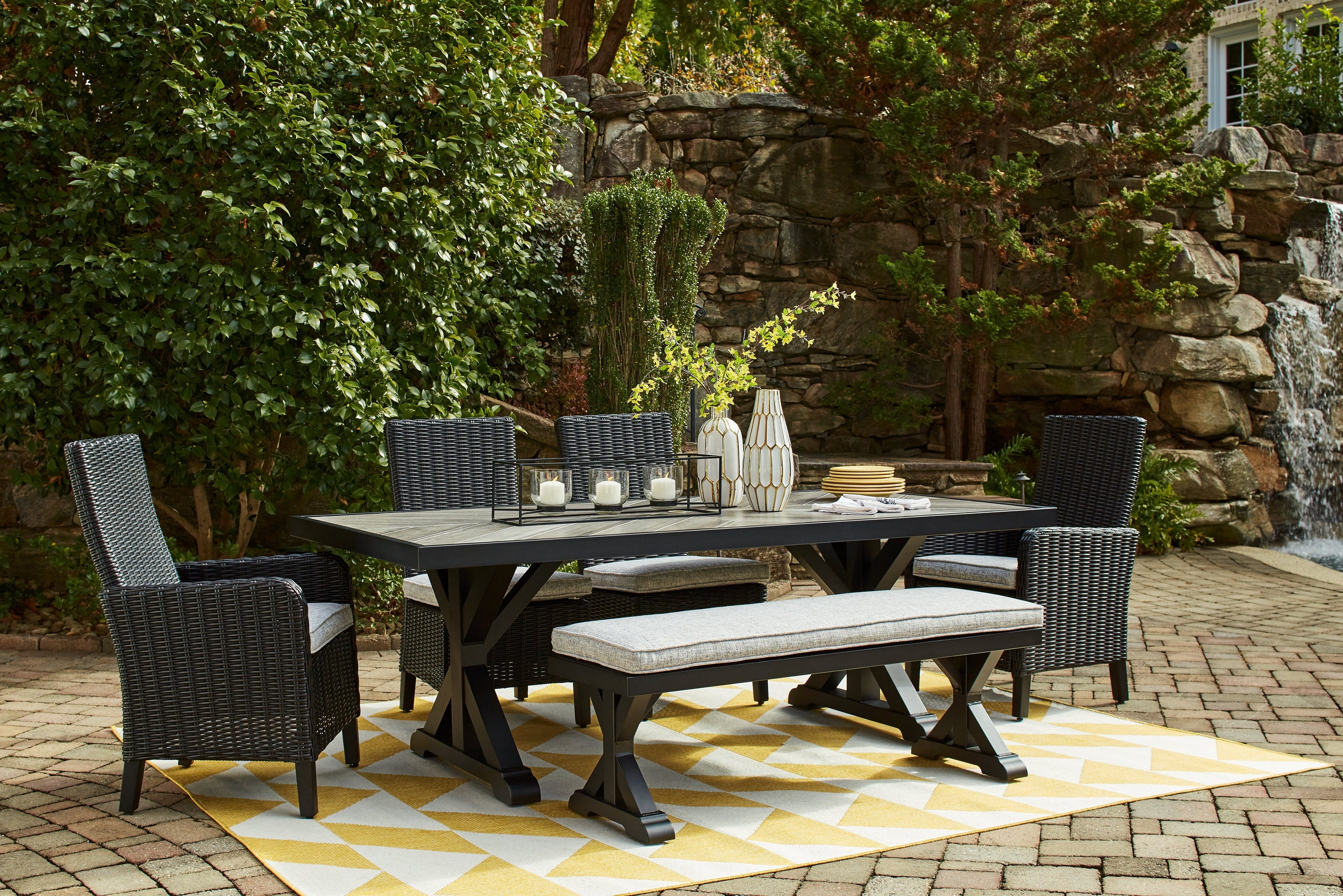 Beachcroft Black/Light Gray Outdoor Bench with Cushion - P792-600 - Bien Home Furniture &amp; Electronics