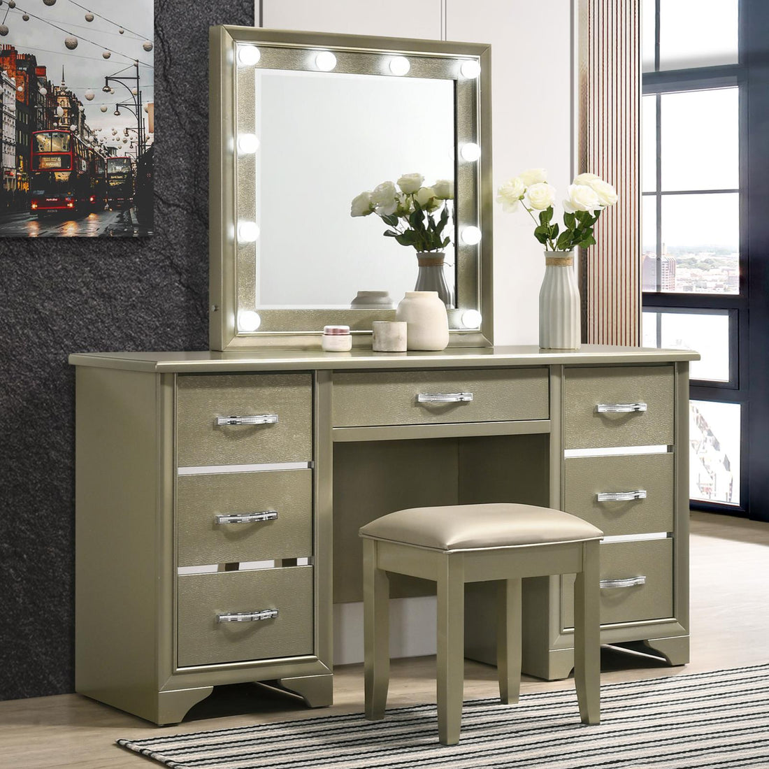 Beaumont 7-Drawer Vanity Desk with Lighting Mirror Champagne - 205297 - Bien Home Furniture &amp; Electronics
