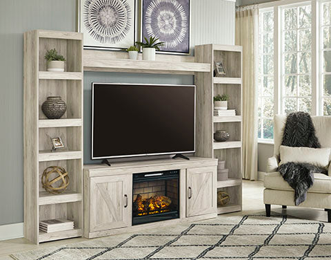 Bellaby Whitewash 4-Piece Entertainment Center with Electric Fireplace - SET | EW0331-124(2) | EW0331-127 | EW0331-268 | W100-101 - Bien Home Furniture &amp; Electronics