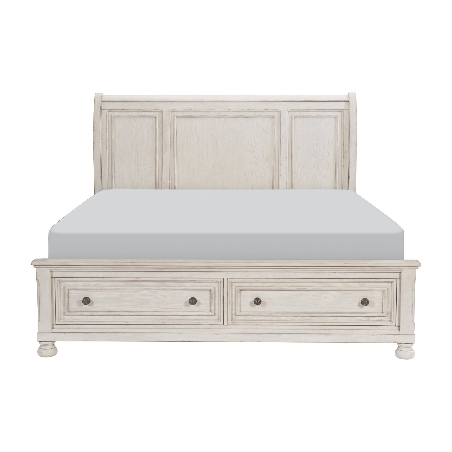 Bethel Wire Brushed White King Sleigh Storage Platform Bed - SET | 2259KW-1 | 2259KW-2 | 2259W-3 - Bien Home Furniture &amp; Electronics