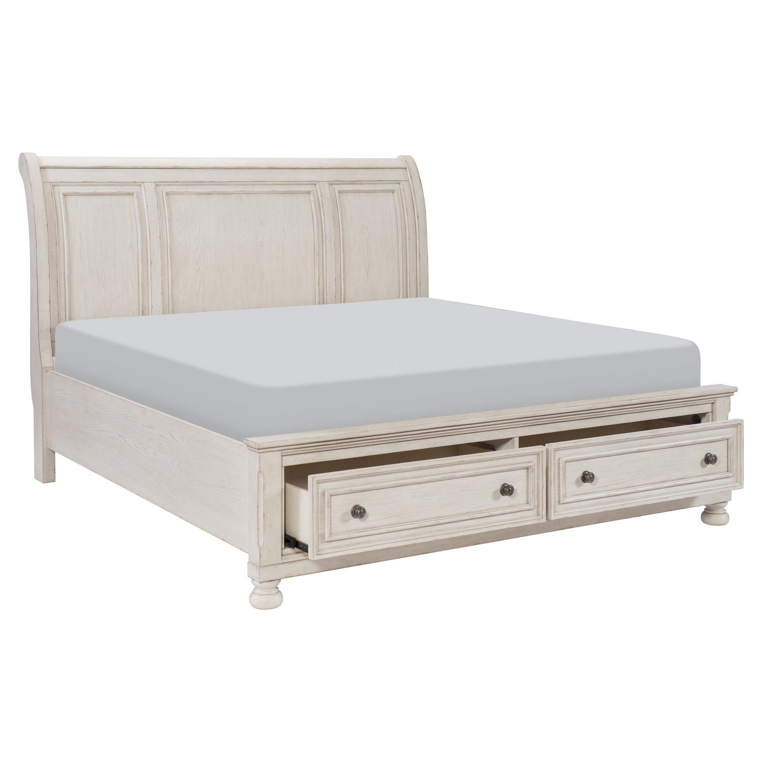 Bethel Wire Brushed White King Sleigh Storage Platform Bed - SET | 2259KW-1 | 2259KW-2 | 2259W-3 - Bien Home Furniture &amp; Electronics
