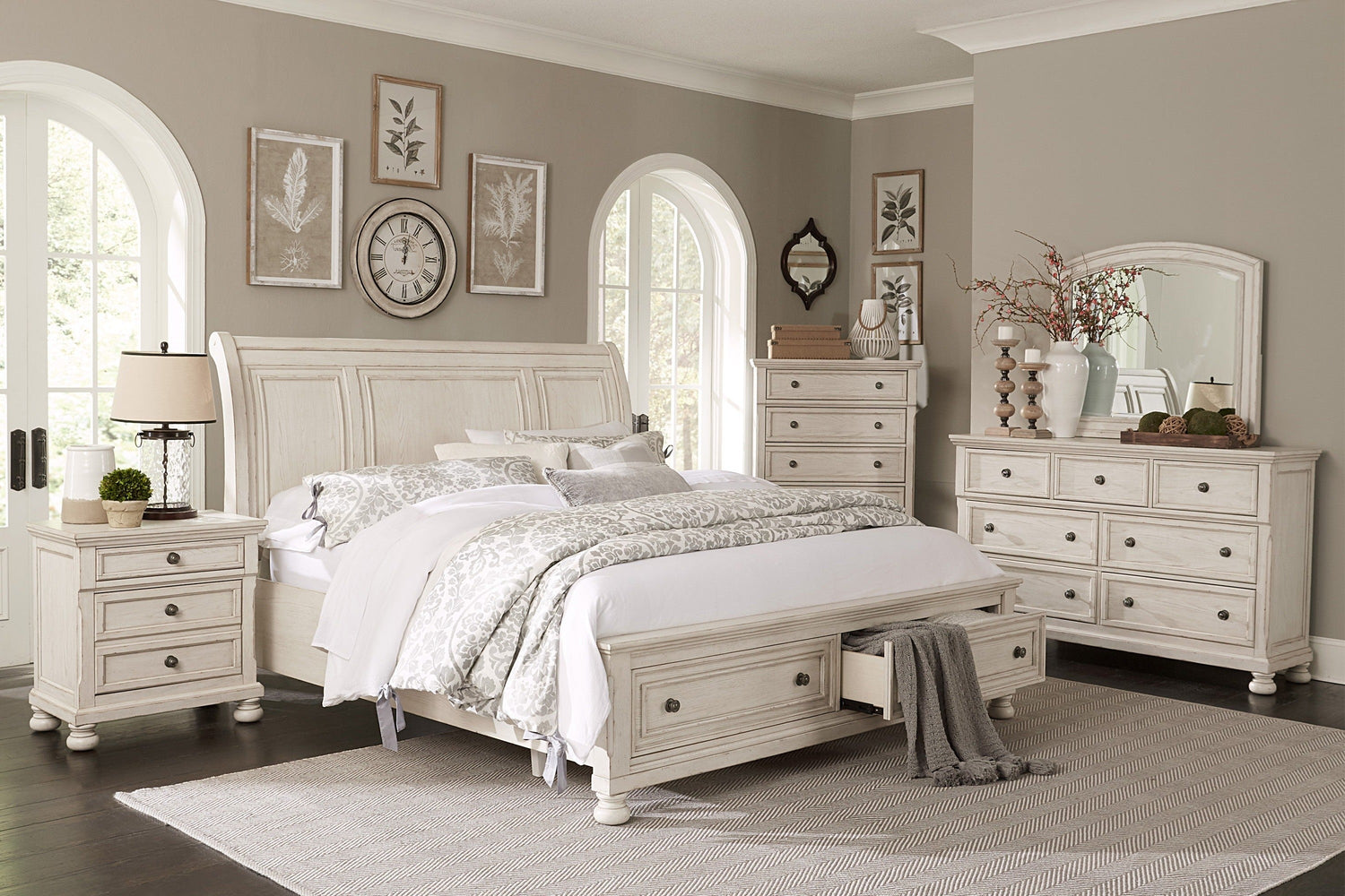 Bethel Wire Brushed White Sleigh Storage Platform Bedroom Set - SET | 2259W-1 | 2259W-2 | 2259W-3 | 2259W-5 | 2259W-6 | 2259W-4 - Bien Home Furniture &amp; Electronics