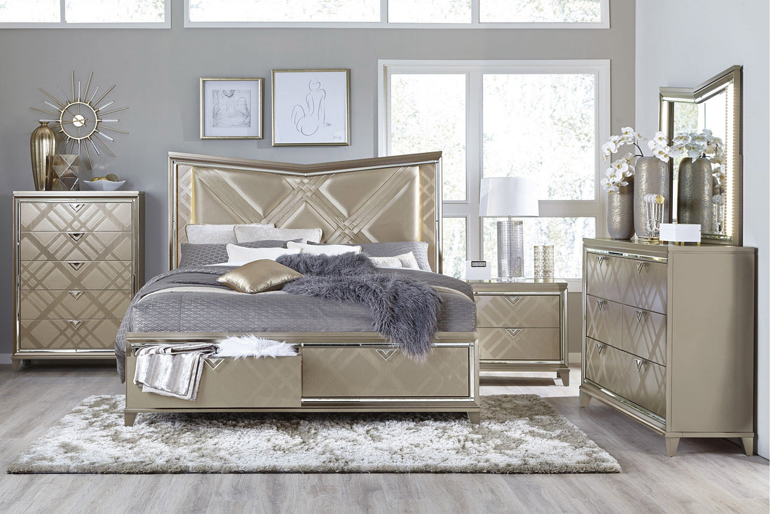 Bijou Champagne LED Upholstered Storage Platform Bedroom Set - SET | 1522K-1 | 1522K-2 | 1522-3 | 1522-5 | 1522-6 | 1522-4 | 1522-9 - Bien Home Furniture &amp; Electronics