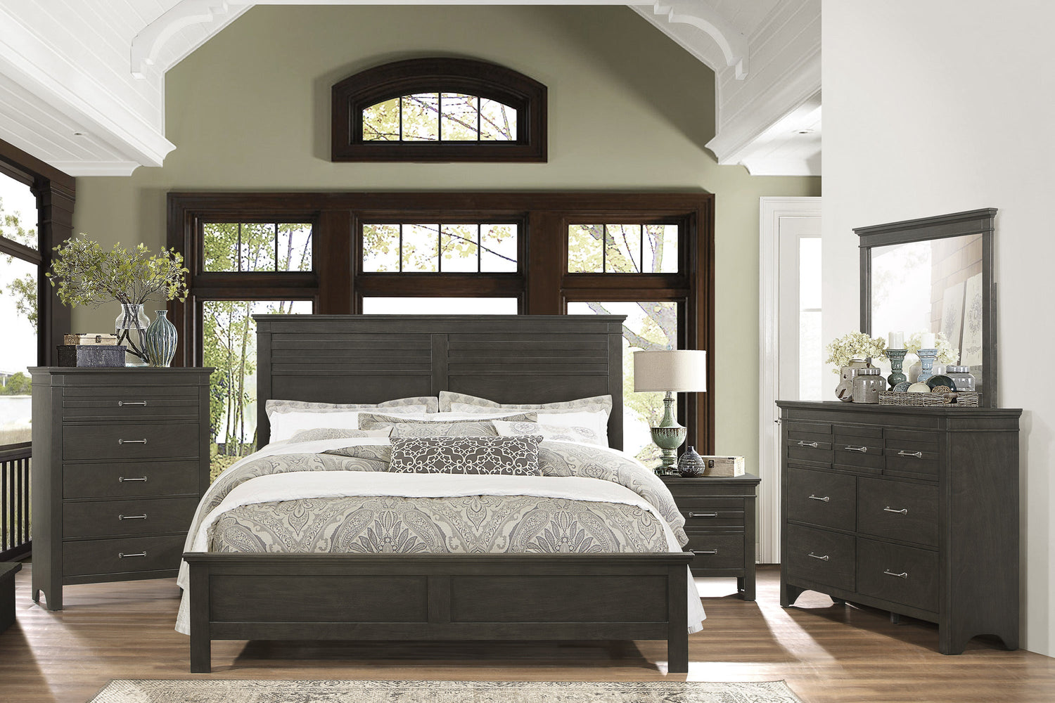 Blaire Farm Charcoal Gray King Panel Bed - SET | 1675K-1 | 1675K-2 | 1675-3 - Bien Home Furniture &amp; Electronics