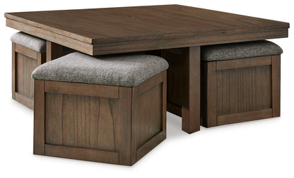 Boardernest Brown Coffee Table with 4 Stools - T738-20 - Bien Home Furniture &amp; Electronics