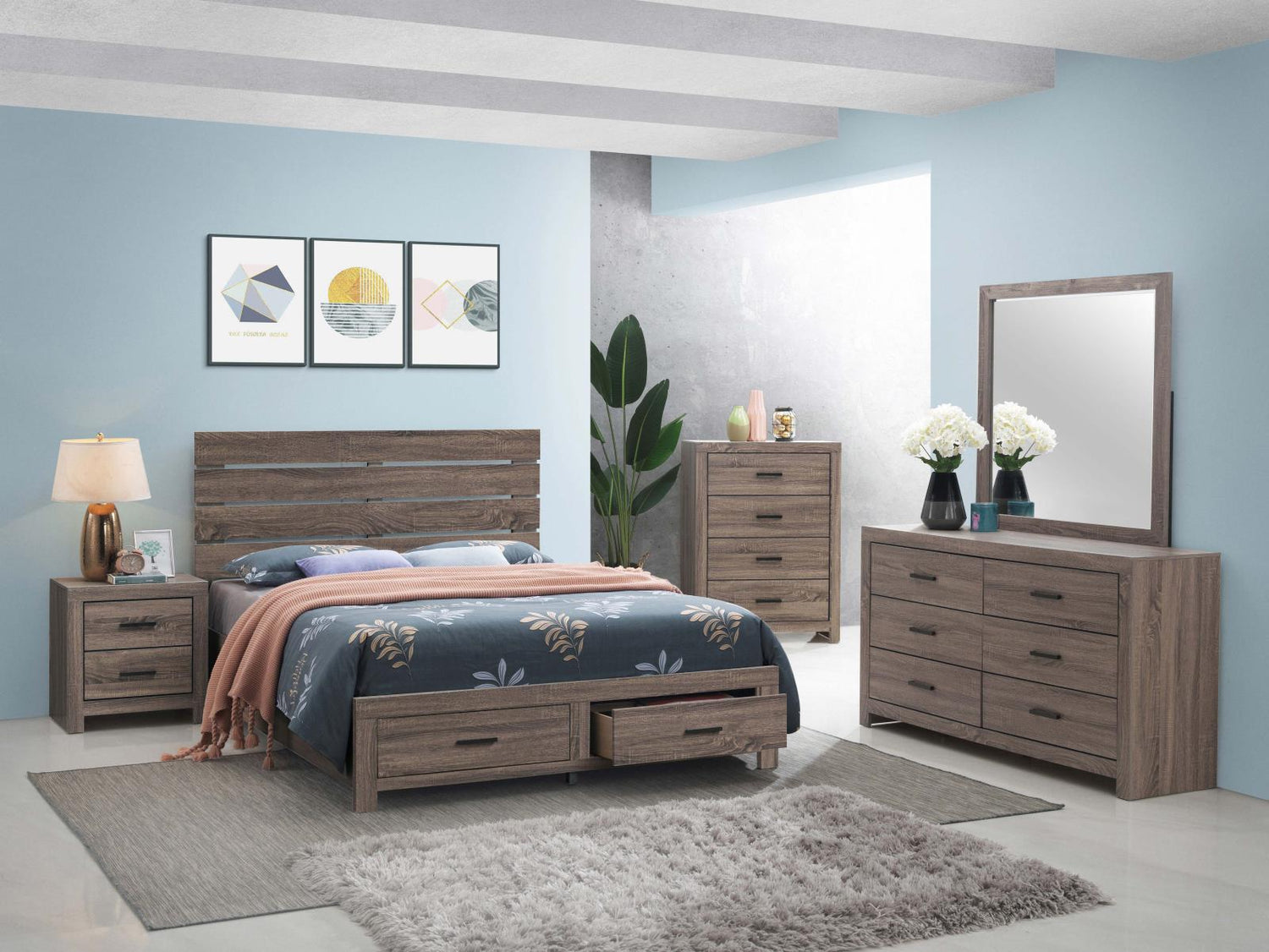 Brantford Barrel Oak Storage Platform Bedroom Set - SET | 207040Q | 207042 | 207045 - Bien Home Furniture &amp; Electronics