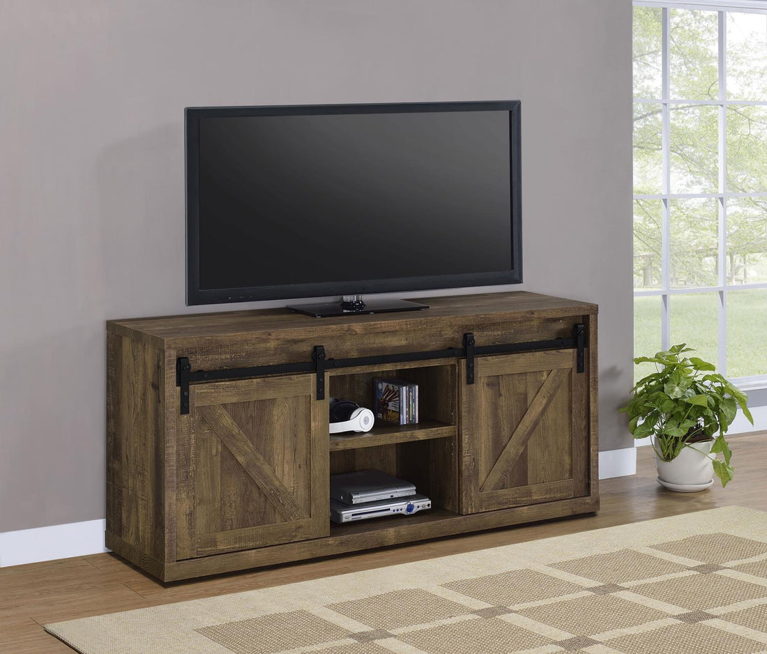 Brockton 59-inch 3-Shelf Sliding Doors TV Console Rustic Oak - 723272 - Bien Home Furniture &amp; Electronics