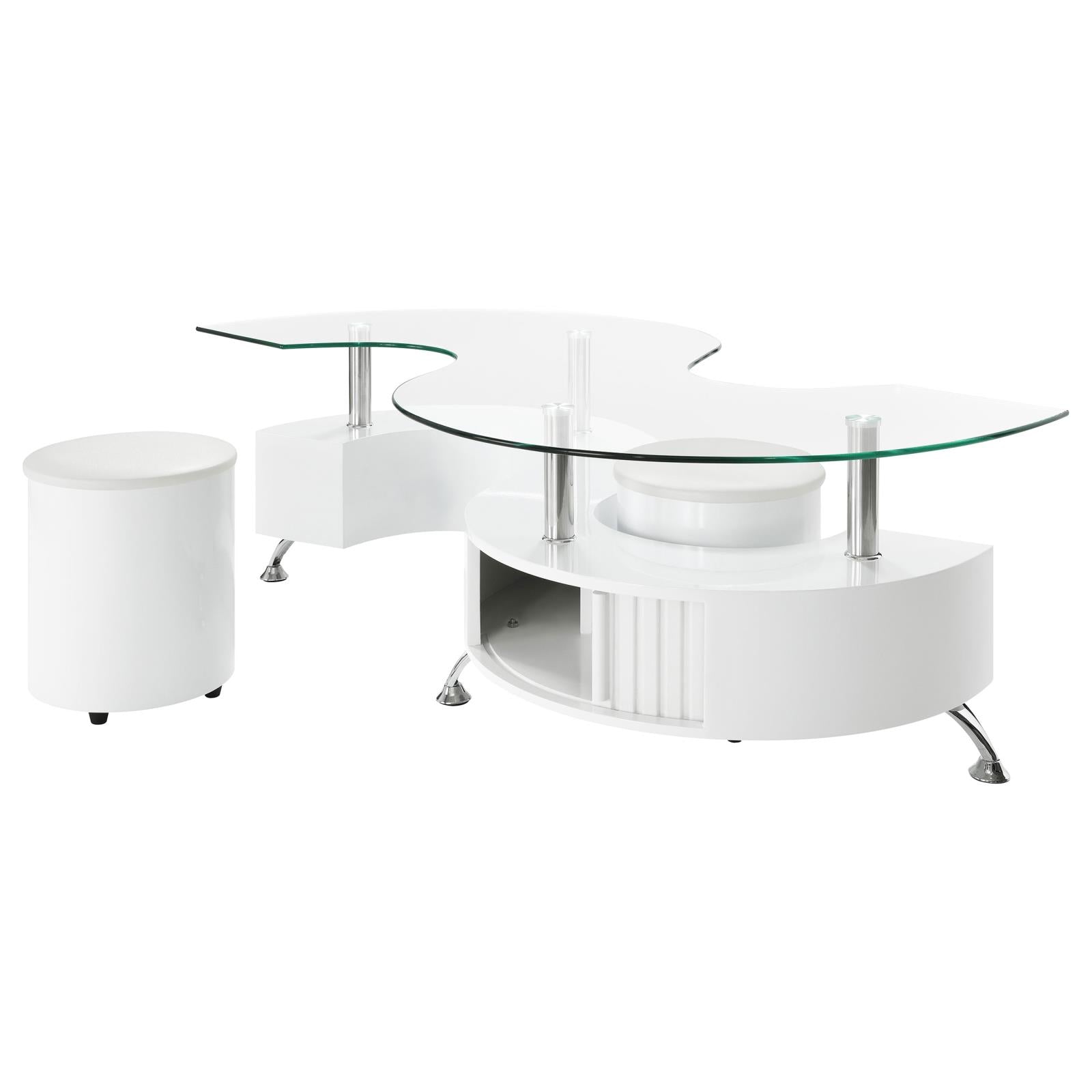 Buckley Curved Glass Top Coffee Table With Stools White High Gloss - 703400 - Bien Home Furniture &amp; Electronics