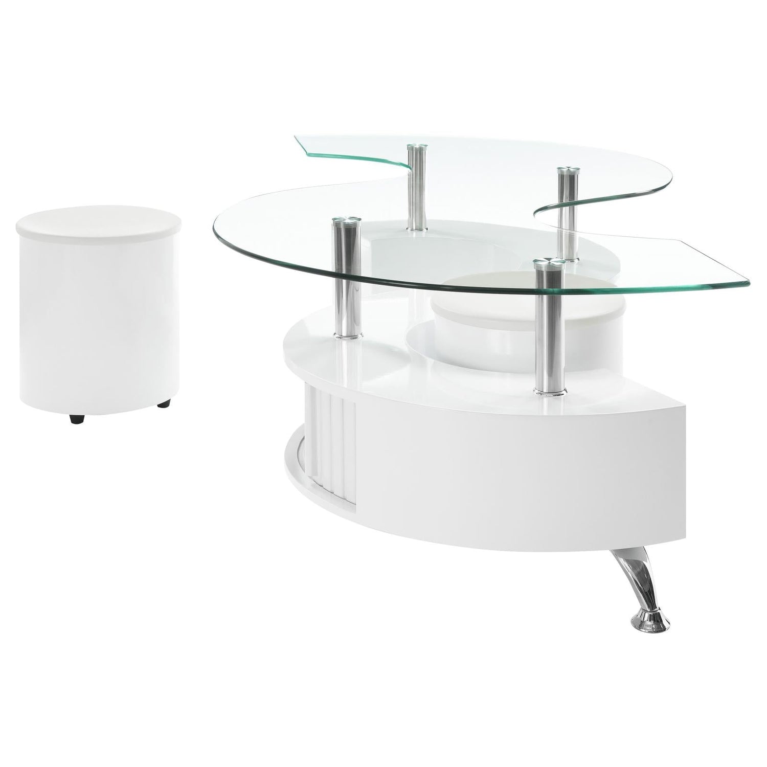 Buckley Curved Glass Top Coffee Table With Stools White High Gloss - 703400 - Bien Home Furniture &amp; Electronics