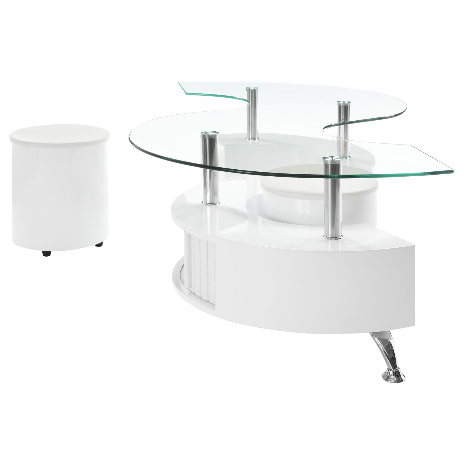 Buckley Curved Glass Top Coffee Table With Stools White High Gloss - 703400 - Bien Home Furniture &amp; Electronics