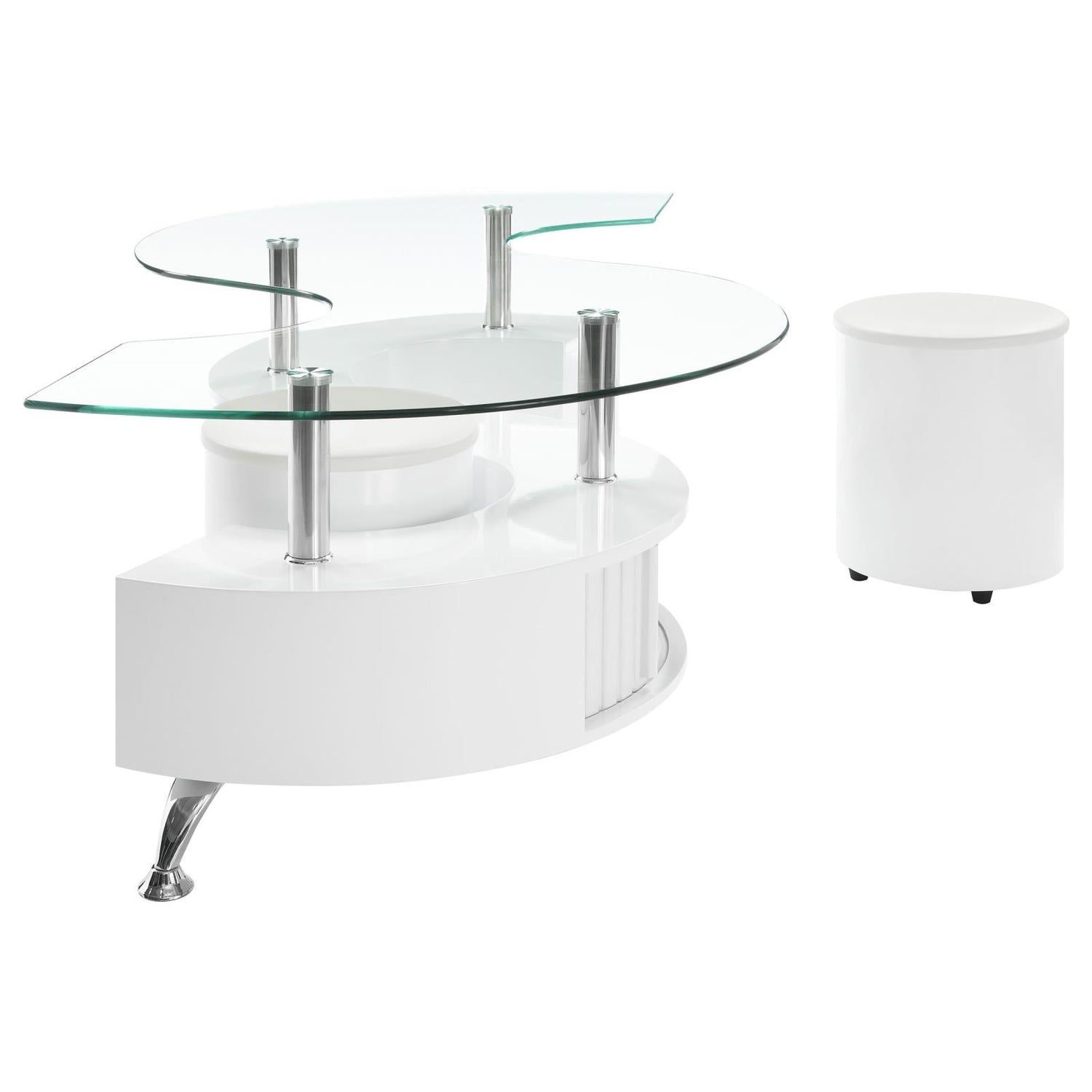 Buckley Curved Glass Top Coffee Table With Stools White High Gloss - 703400 - Bien Home Furniture &amp; Electronics