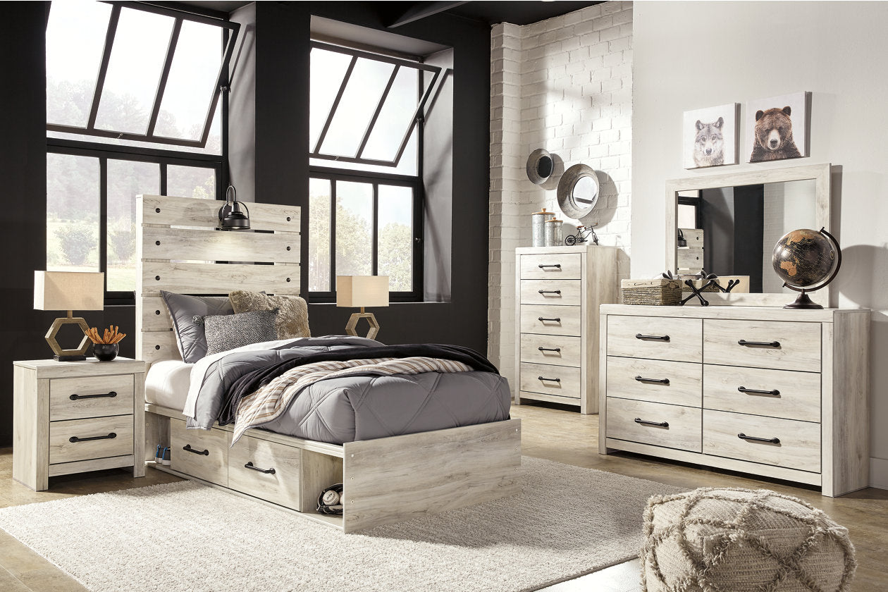Cambeck Whitewash Twin Panel Bed with 2 Storage Drawers - SET | B100-11 | B192-150 | B192-52 | B192-53 - Bien Home Furniture &amp; Electronics