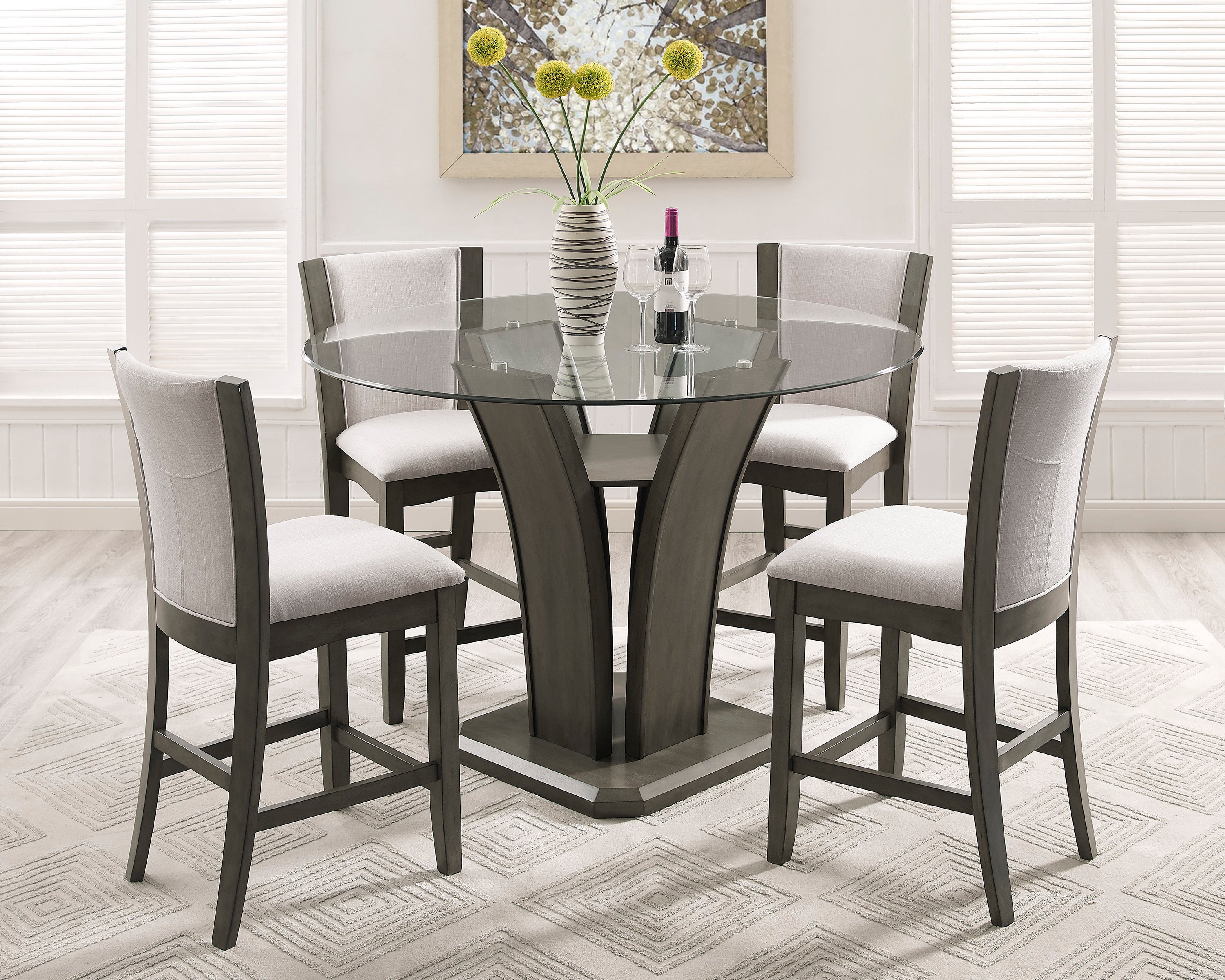 Camelia Gray Round Glass-Top Counter Height Table - SET | 1710GY-T-54-BAS | 1710GY-T-54-LEG | 1710T-54RD-GL - Bien Home Furniture &amp; Electronics