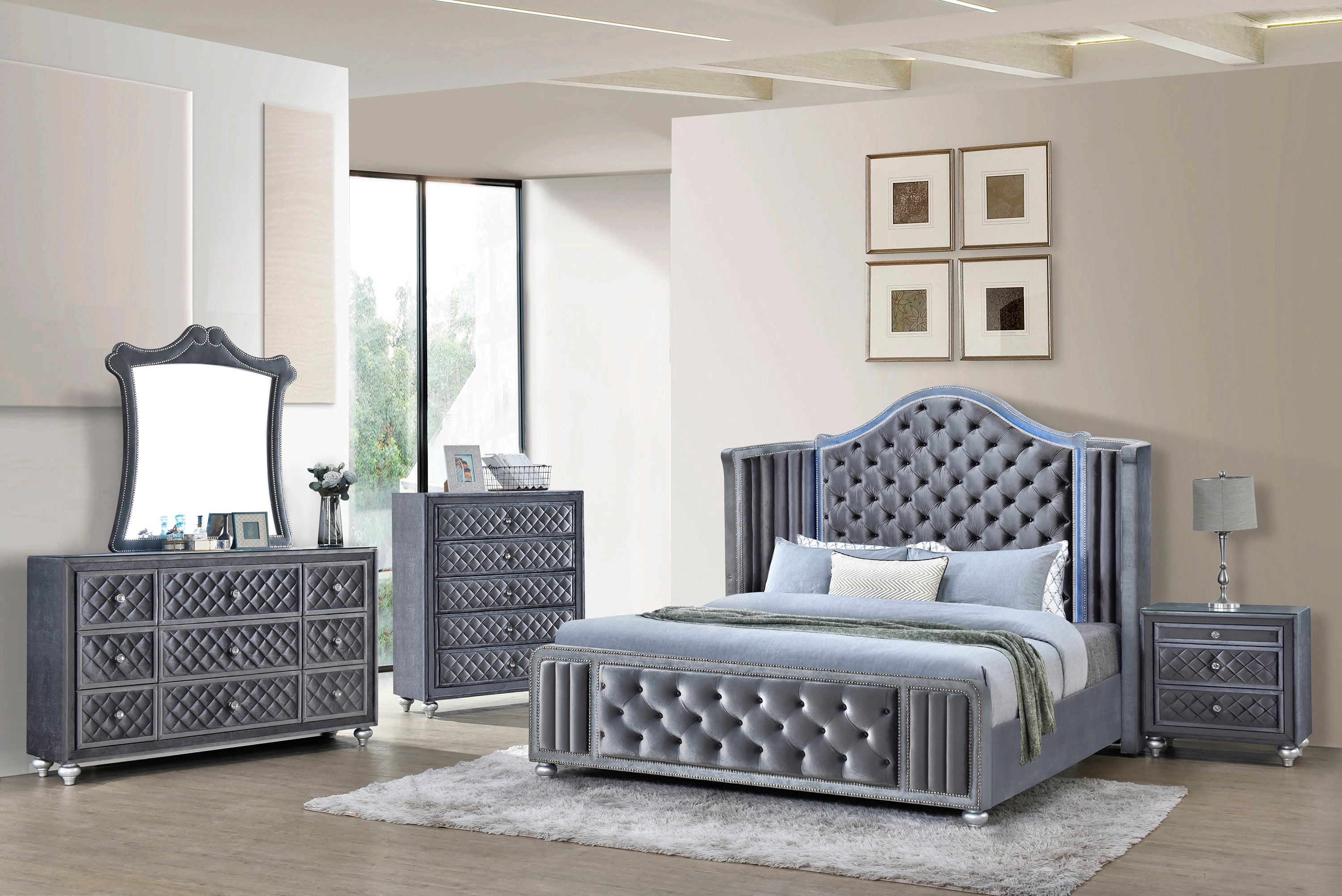 Cameo Gray King Upholstered Wingback Panel Bed Bien Home